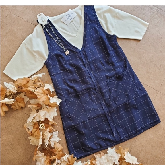 Le Lis dark academia sleeveless navy plaid dress - Picture 1 of 9